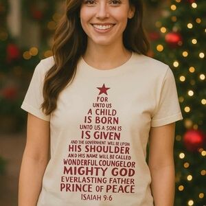 Cream Christmas Tree Graphic Isaiah 9:6 Tee Shirt